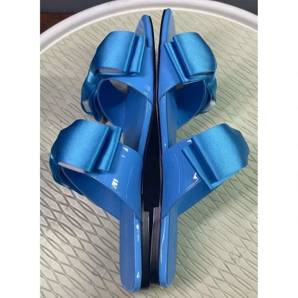 Aminah Abdul Jillil Jody Bow Flat Sandal Blue Square Toe Slide 9M Satin Shoe NWB